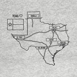 Texas State Map Black Outlines T-Shirt